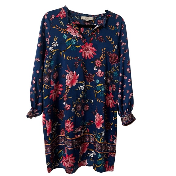 LOFT Navy Floral Long Sleeve Mini Dress Vibrant Pink Red Size Medium Petite - Picture 1 of 8